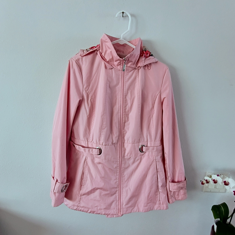 Northcrest Pink Hooded Rain Jacket Floral Lined Lightweight Cinch Waist M